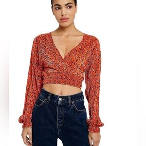 UO Floral Plisse Wrap Crop Top Blouse